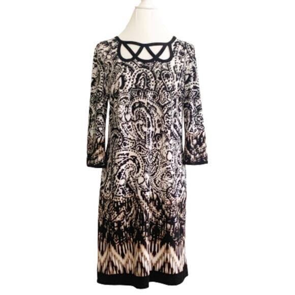 Sandra Darren Dress Black White Brown Print Cut Out Neckline 3/4 Sleeve Size 10 - Picture 1 of 13
